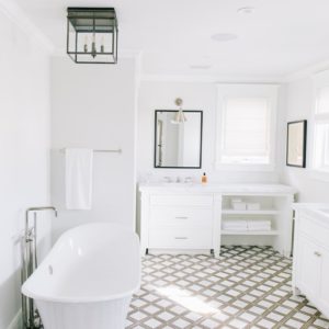 Neutral Bathroom, marble, lantern, white tub, white countertop