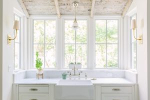 Kate Markers Interiors, farmhouse sink, white cabinets, pendant light, scone light