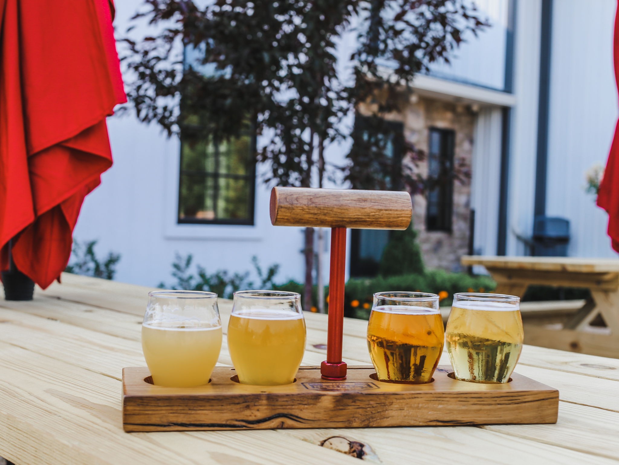 draft beer flight on a picnic table