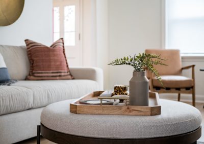 coffee table with neutral, blush and blue tone