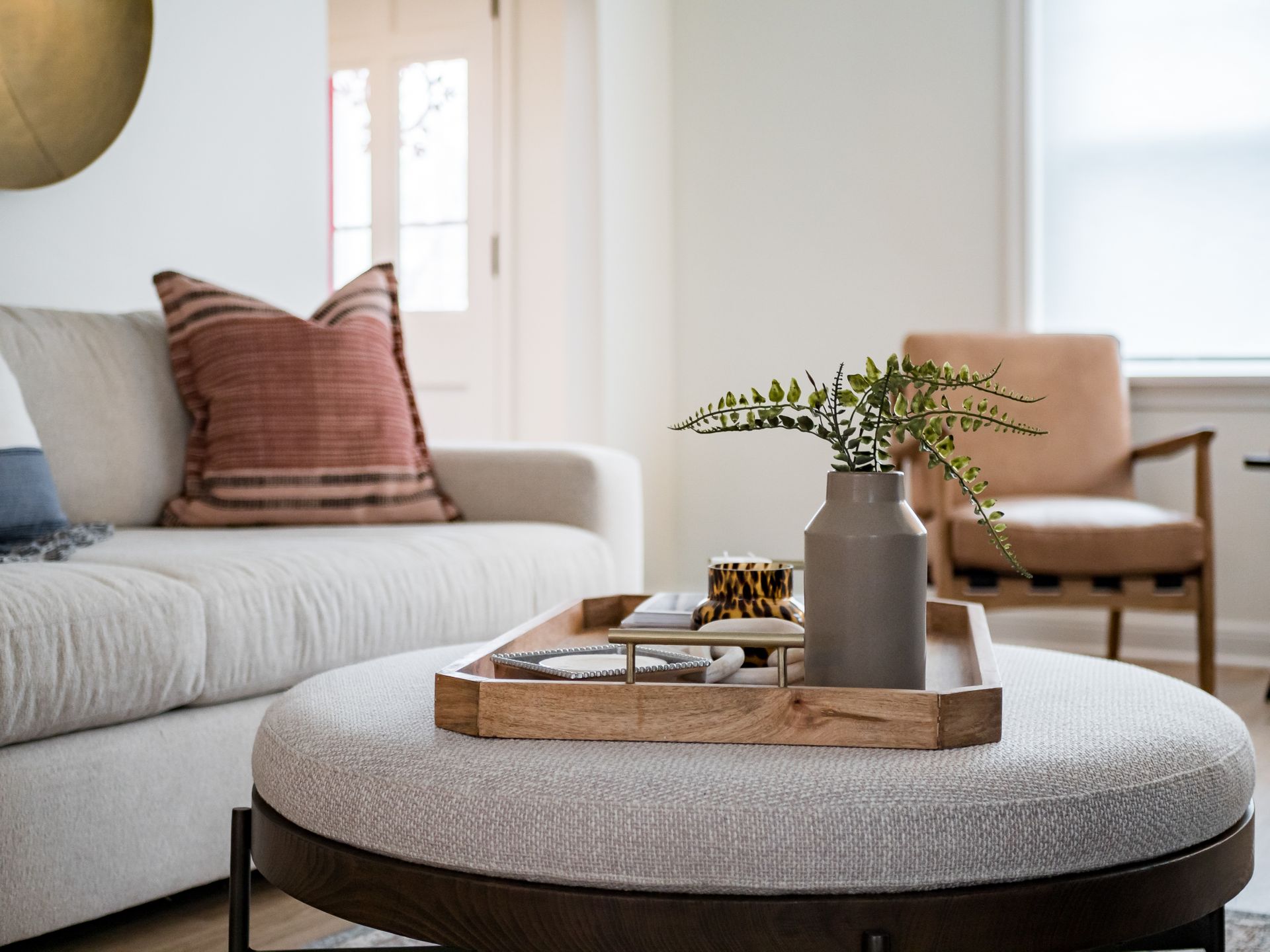 coffee table with neutral, blush and blue tone