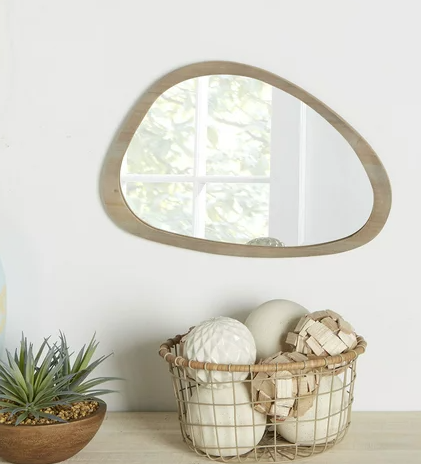 Natural Wood Framed Organic Irregular Shaped Wall Accent Mirror
