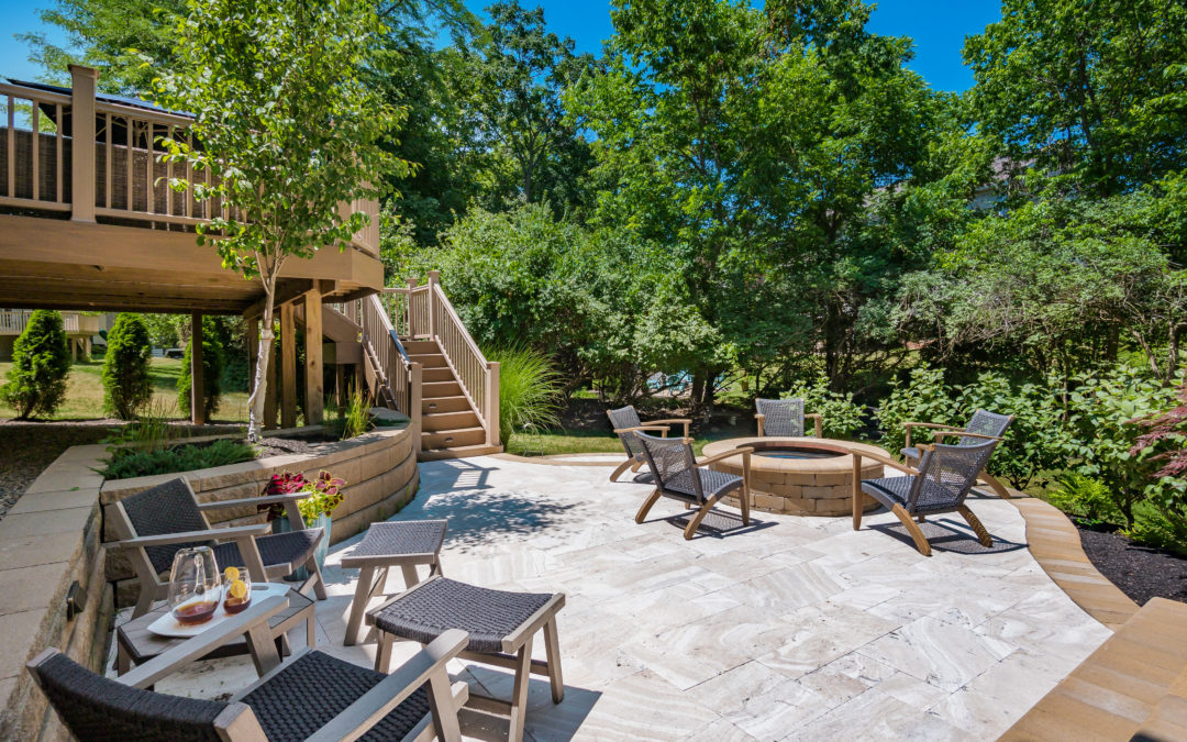 Outdoor patio inspiration with firepit, seating areas, large deck, pavers, perfect for outdoor entertainment