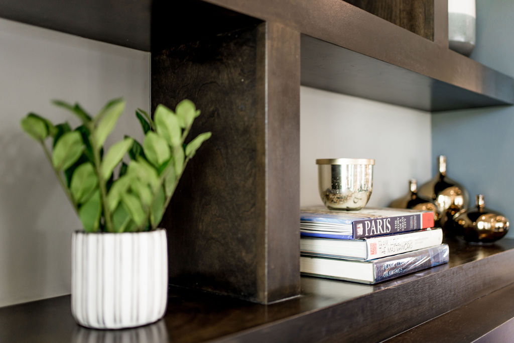 Open shelving and cabinets with lighting