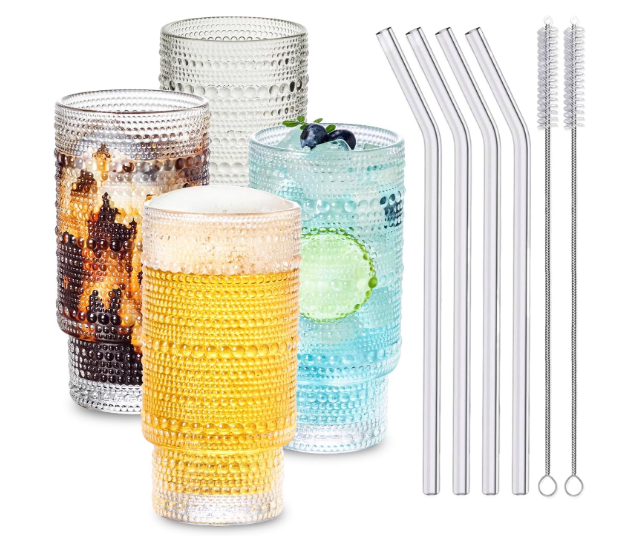 Stackable Old Fashioned Drinking Glasses with Straws