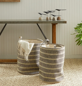 gray natural striped round tall baskets back to school