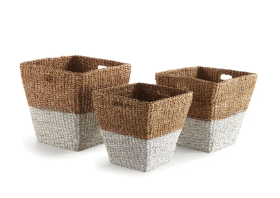 Seagrass and white rectangular storage baskets back to school  organization